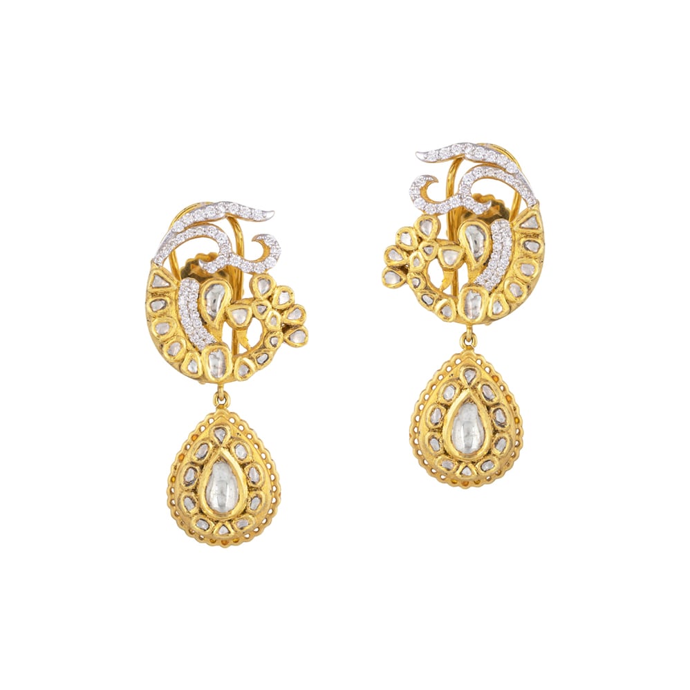 Peacock Polki Earrings with Diamond Accents and Teardrop Pendant